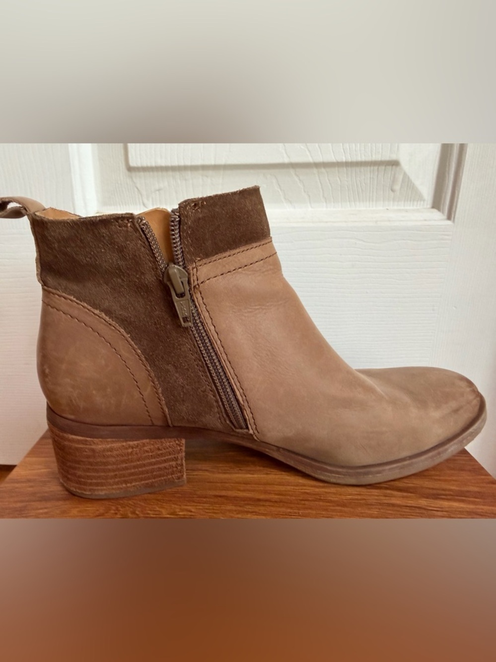 Kork-Ease Two-Tone Taupe and Dark Brown Leather Ankle Booties - Picture 4 of 8